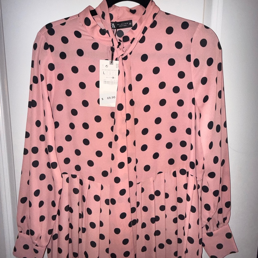 Zara Pink Midi Dress with Black Polka Dots